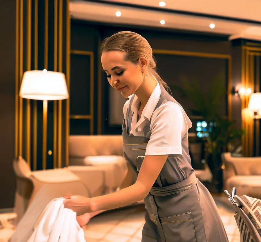 a housekeeper busy working in a luxury hotel