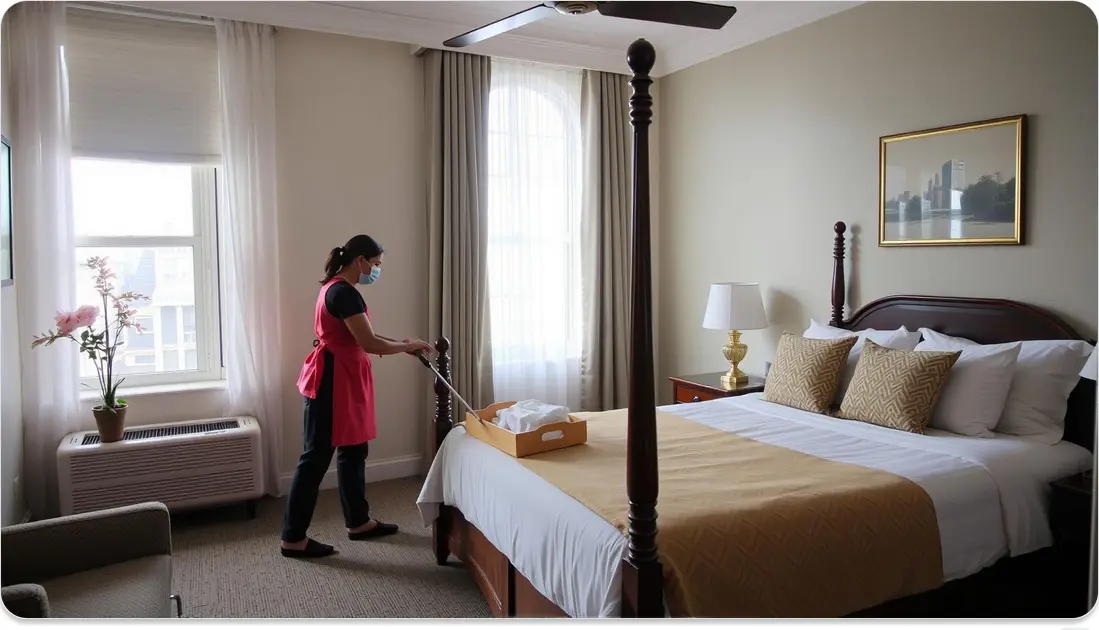 a housekeeper, working alone to tidy up guest rooms