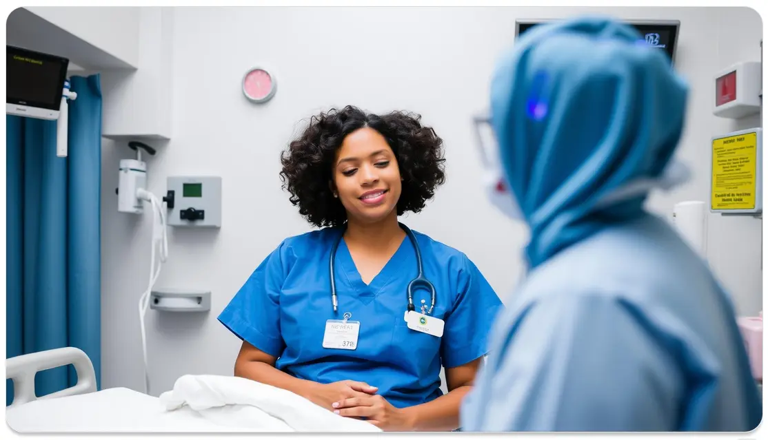 a nurse feeling safe beside the duress alarm in a hospital 