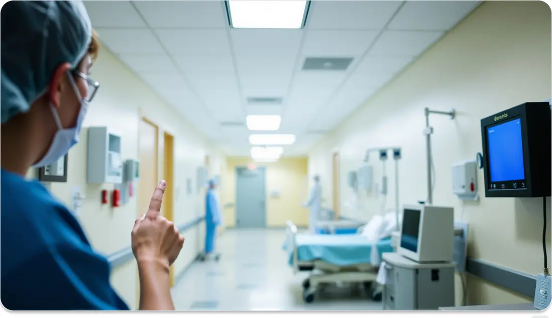 a nurse is pushing a duress alarm in a hospital