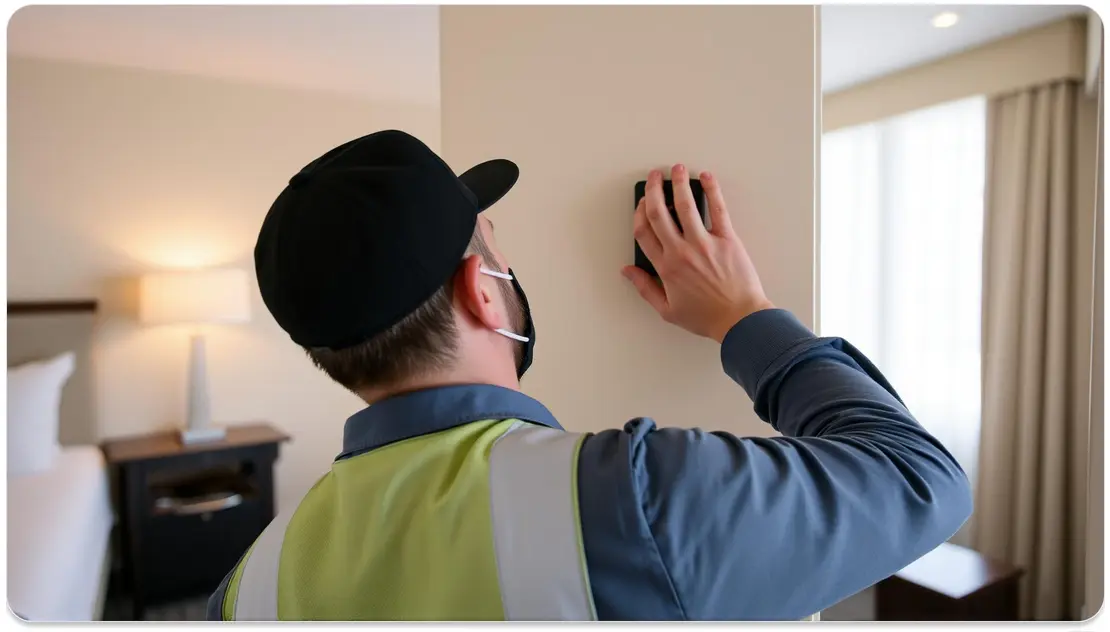 a worker installing a panic button in a hotel