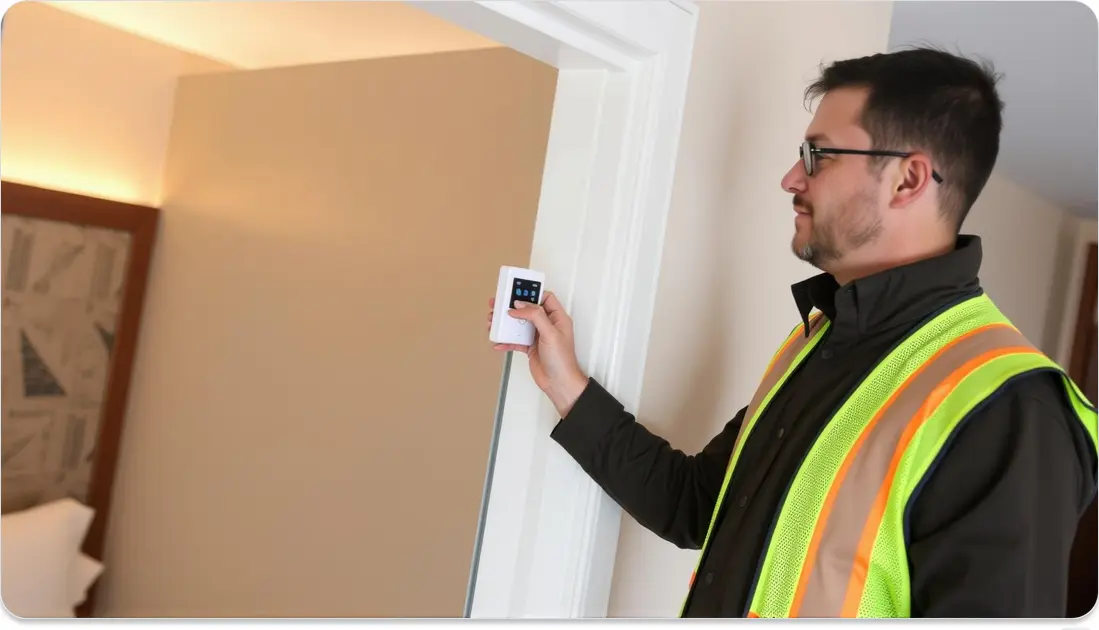 a worker is installing a duress alarm in a hotel