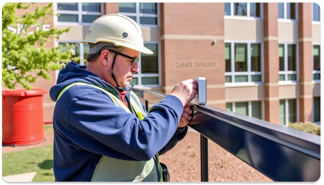 a worker is installing a duress alarm on campus