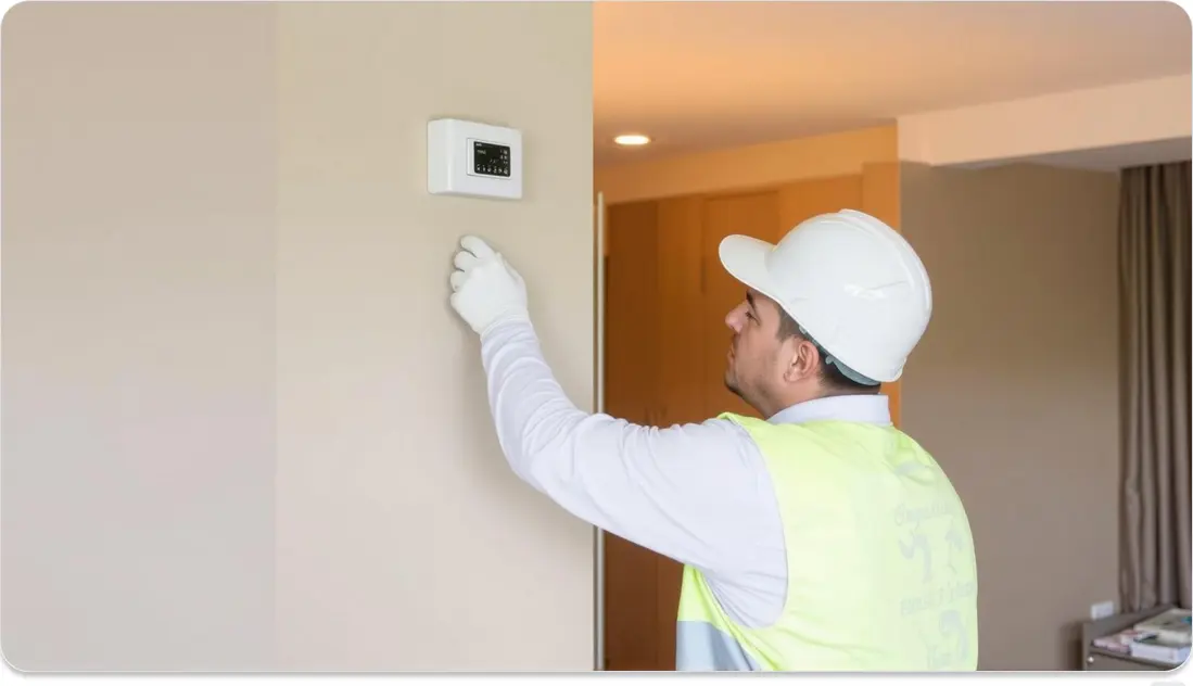 a worker is installing a fixed duress alarm in a hotel